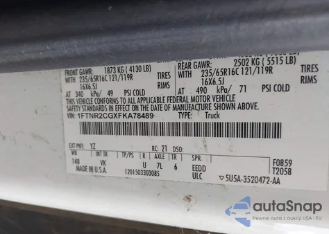 2015 Ford Transit-250 from USA, damaged, VIN 1FTNR2CGXFKA78489